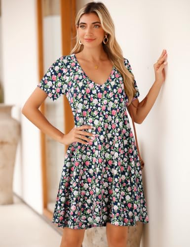 Image of JollieLovin Women T Shirt Plus Size Summer Swing Dresses Short Sleeve V Neck Loose Casual Dress(L-5X)