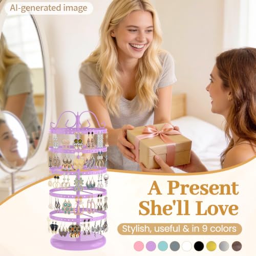 Image of Modowey Rotating Earring Holder Organizer Stand, 5 Tier Metal Tree Display for Women Vendors, 220 Holes Adjustable Jewelry rack for Stud Hoop Dangle Storage, Trendy Carousel Keeps Dresser Neat, Purple