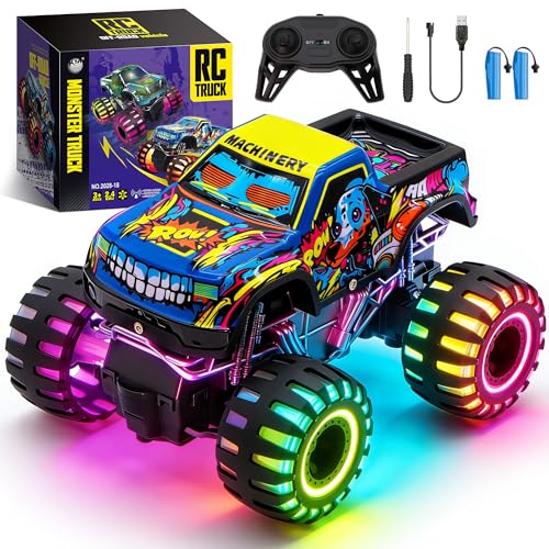 Remote Control Monster Truck Toys for Kids, 1:20 Scale 2.4GHz RC Car with Lights, All Terrain Rechargeable RC Truck with 2 Rechargeable Batteries, Toy Gift Birthday Christmas for Boys Girls Toddlers