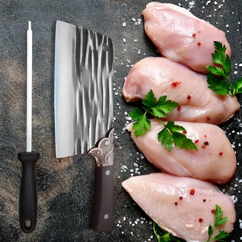 Image of Machado Forging Serbian Chef Knife Set - 12 inch Full Tang High Carbon Clad Steel Butcher Cleaver with Knife Sharpener - Perfect for Vegetables, Fish, Meat - Ideal for Kitchen, Hotel, Restaurant