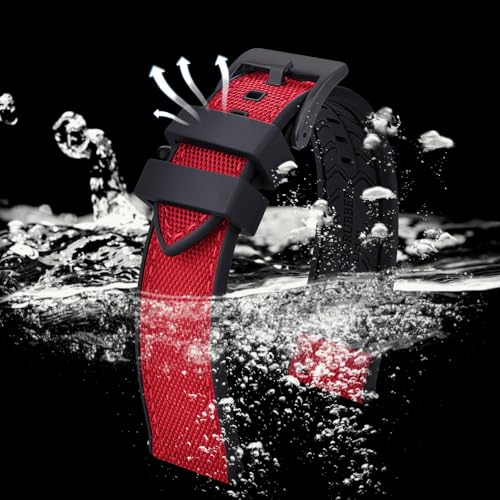 PTFULUOS Premium Upgrades Soft Hybrid (Fkm/Fpm Rubber and Sailcloth) Watch Bands for Men,20mm 22mm Waterproof Quick Release Replacement Watch Straps,Silver/Black/Gold/Rose Gold Brushed Buckle (20mm, Black Red+Black Buckle) by PTFULUOS - Used condition - Image 3