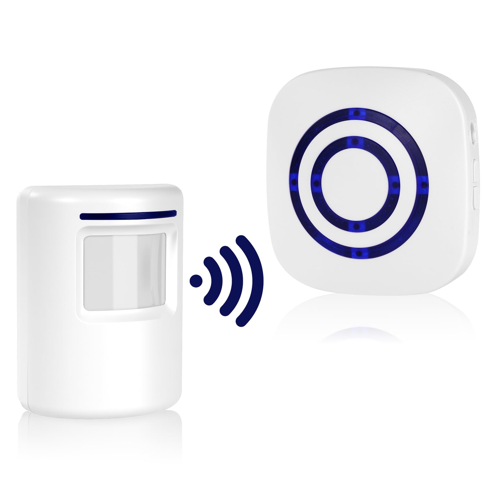 AXFEE Detector de Movimiento Interior, con 1 Receptor electrónico y 1 Detector de Sensor de Movimiento PIR 4 Niveles de Volumen, con 38 melodías Alarma de Seguridad, para caravanas, Casas, garajes
