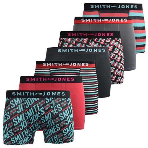 SMITH & JONES mens boxers – multipack of 7, stretch cotton men’s boxer shorts, comfortable underpants for men, colourful and black underwear trunks, multi pack man briefs(XL, Taden, Red)
