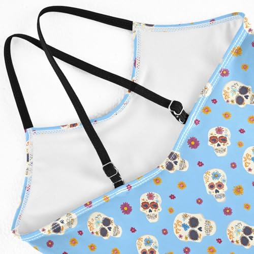 senya Girls Swimsuits One-Piece Swimwear Tie Bathing Suit Beach Summer Round Neck 5-6T Blue Skull Flower Pattern4
