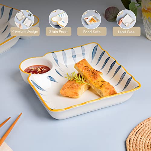 Image of Nestasia Set of 2 Ceramic Chip and Dip Snack Plate with Dip Section | Microwave & Dishwasher Safe Starter Plates | Perfect for Fries, Momos, Sushi, Kebab (White & Blue)