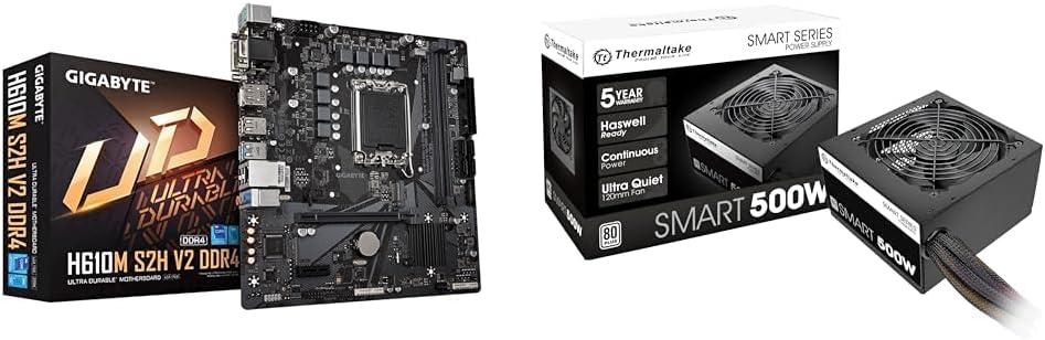 GIGABYTE H610M S2H V2 DDR4 (H610/ Intel/LGA 1700/ Micro ATX/ DDR4 & Thermaltake Smart 500W 80+ White Certified PSU, Continuous Power with 120mm Ultra Quiet Cooling Fan