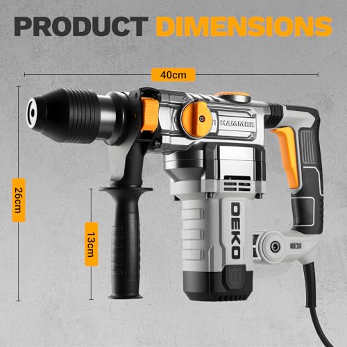 DEKOPRO 1500W SDS-Plus Bohrhammer, 5,5J Abbruchhammer mit 3 Funktionen, 0–1000 U/min, Anti-Vibrationsgriff, inkl. 3 SDS-Bohrer & 2 Meißel, max. Bohrdurchmesser Beton/Stahl/Holz: 32/13/40 mm