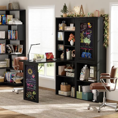 Image of Armocity Small Folding Desk with Outlets, Convertible Writing Desk for Small Spaces /Home Office /Craft Room, Multi-Function Desk Workstation with Blackboard, Fold-Out Cabinet Table, Black