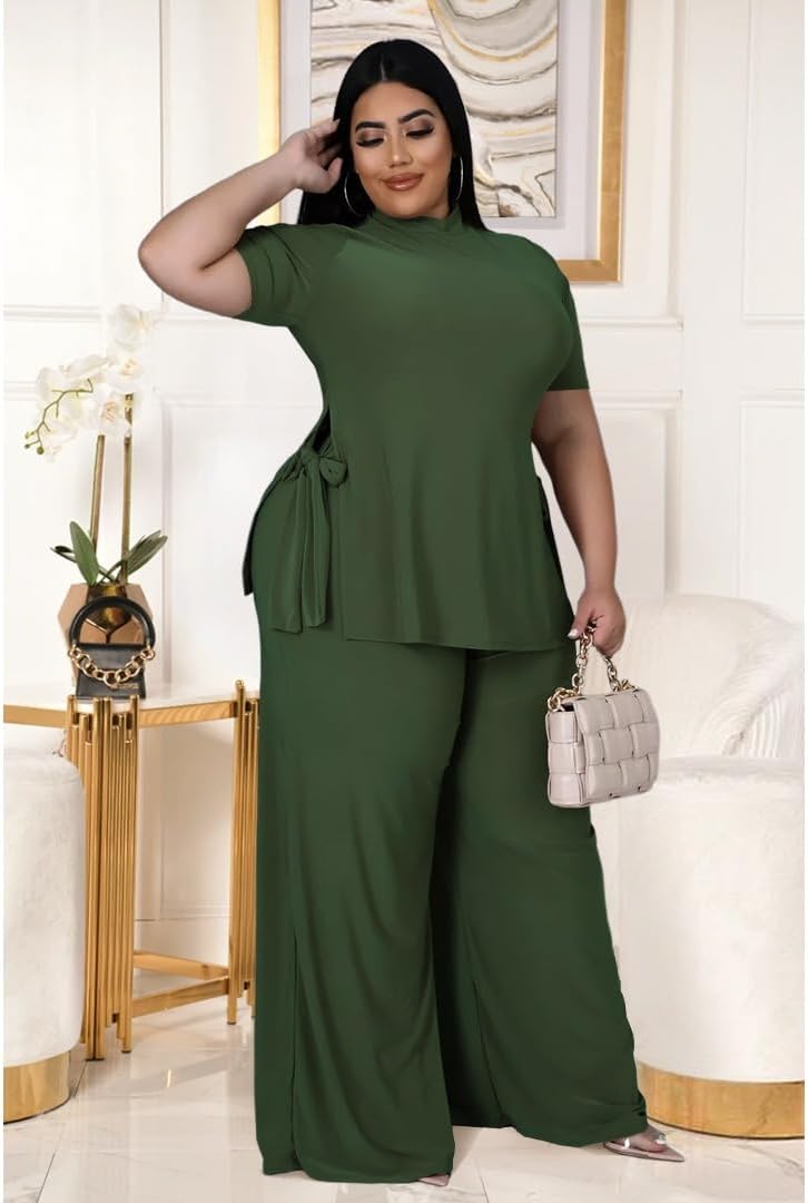 Wide Leg 2 Piece Outfits for Women Sweatsuit Sexy Short Sleeve Split Shirt Pant Set Casual Tracksuits - Image 4