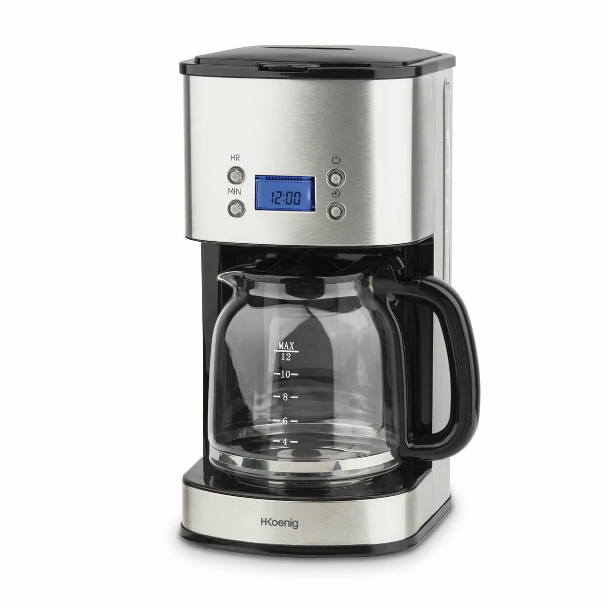 H.Koenig MG30 Macchina per Caffe americano programmabile con timer. Filtro in acciaio inossidabile, 1,5L (12 tazze), caraffa in vetro graduato, 1000W, sistema antigoccia, spegnimento automatico, Argento