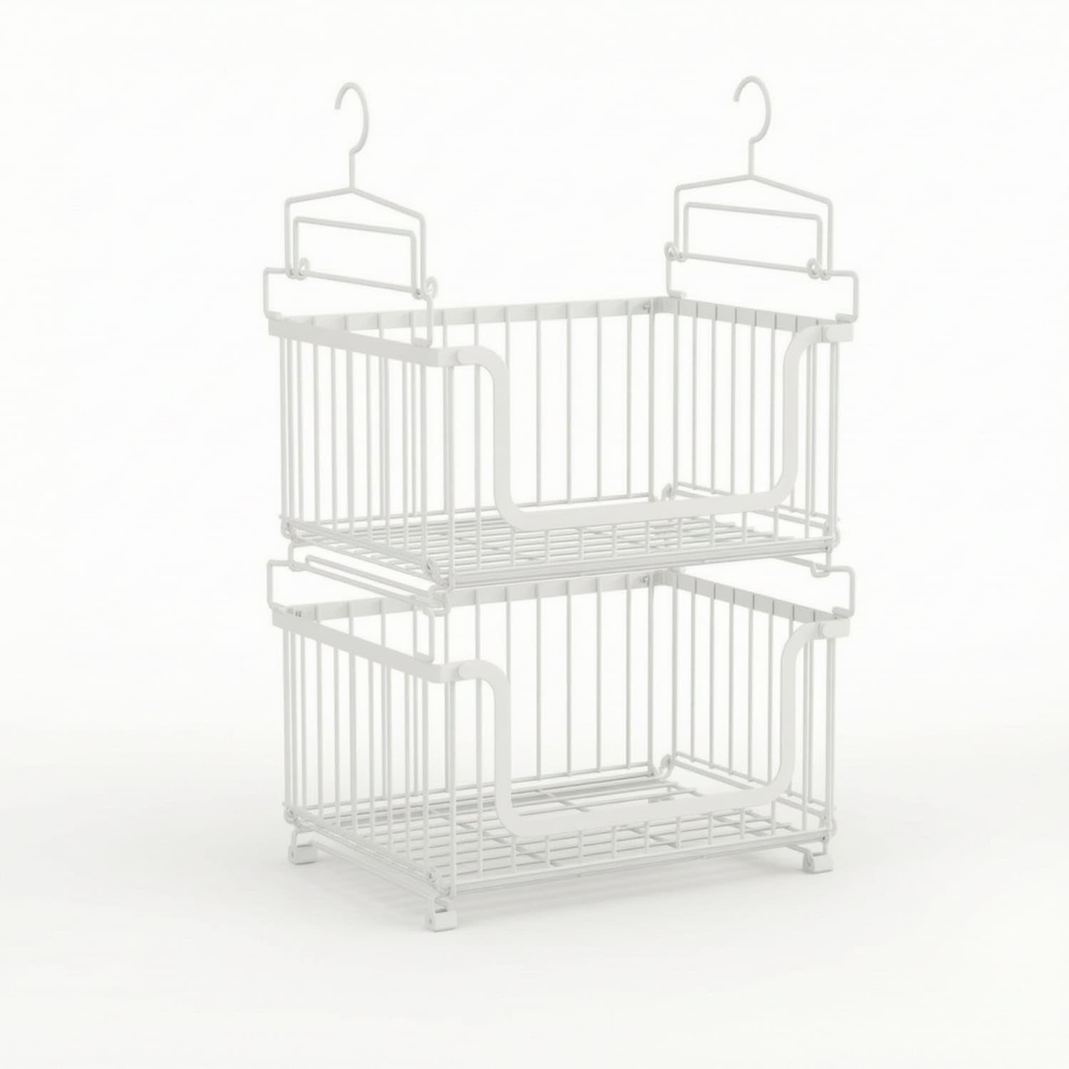 Vertical Under Shelf Basket with Hooks Open-Front Hanging Organizer with Hooks Ventilated Wire Storage Basket Stackable for Kitchen, Pantry, Cabinet, White, 2 Layers-image-34