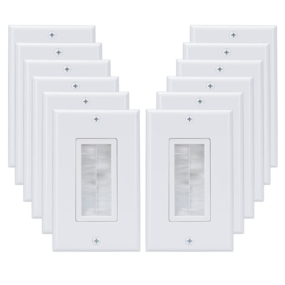 1 Gang Brush Wall Plate Decora Style White Brush Wall for Passing Through Speaker Wires/Coaxial/HDMI/Network/Phone/Audio/Video Cables, Pack of 12, White, 24 Screws Included