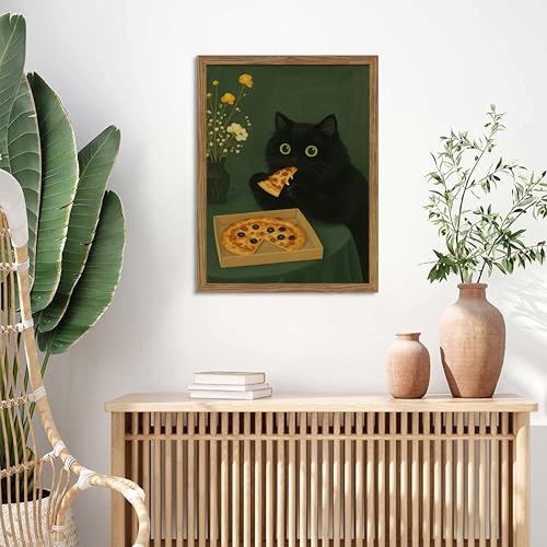 額入り黒猫のウォールアート、かわいい猫がピザを食べるキャンバス、面白いキッチン写真の装飾、遊び心のある食べ物好きのプリントアートワーク、キッチンダイニングルーム用の風変わりな動物の壁の装飾 – 8x10インチ [3]