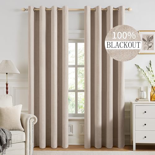 Image of MIULEE 100% Blackout Linen Textured Curtains for Bedroom Solid Thermal Insulated Natural Beige Grommet Room Darkening Curtains & Drapes Luxury Decor for Living Room 52 x 92 Inch (2 Panels)
