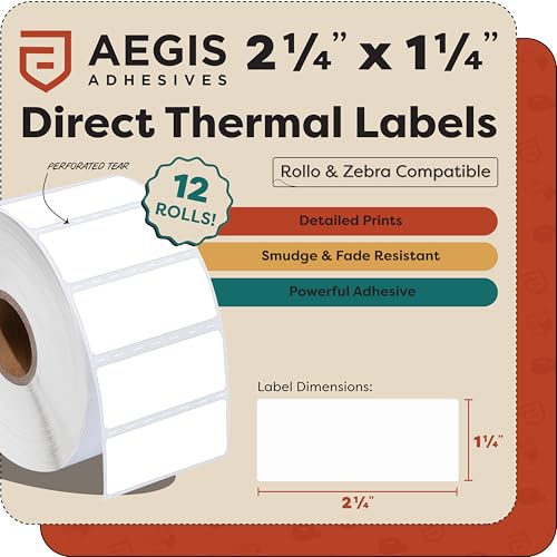 Aegis Adhesives - 2 1/4" X 1 1/4" Direct Thermal Labels (12 Rolls, 1000 Labels/Roll) for Barcodes, Address - Perforated, Compatible with Rollo, Zebra, and Other Desktop Label Print image 4