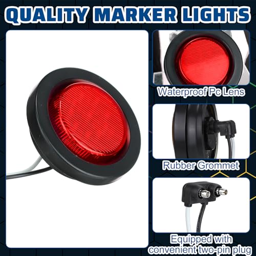 Image of Treela 16 Pcs 2 Inch LED Trailer Marker Lights, 10 LED Round Side Clearance Lamps with Rubber Flush Mount Grommet and 2 Prong Wire Pigtails, 12v Waterproof for Rv Truck Semi Trailer(Red)