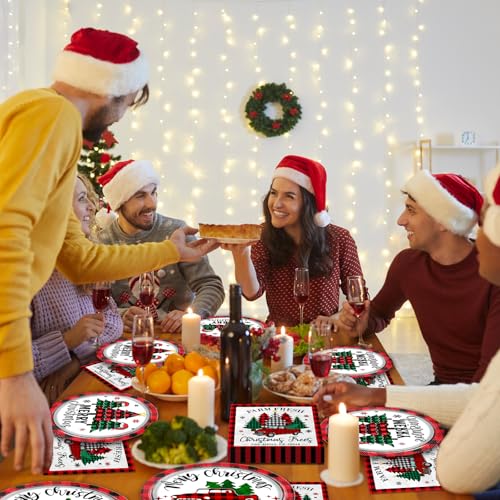 GREHUMOR 60Pcs Truck Christmas Plates and Napkins Red Truck Xmas Party Supplies Buffalo Plaid Xmas Paper Plates Napkins for Merry Christmas Party Supplies Serve 20 – Image 4