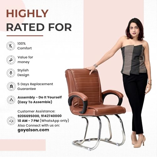 Image of Goyal steel & furniture Executive Office Study Reception Library School Chair Home Study Library Chair with Cushioned seat Back (1, Brown, Double Pipe Chrome Frame)