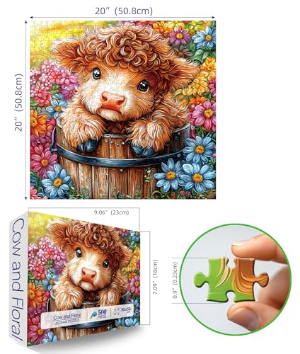 Image of Highland Cow 500 Piece Puzzles for Adults Cute Cow Flower Animal Jigsaw Puzzles 500 Pieces Difficult Unique Family Challenging Puzzle (20 inchx20 inch)