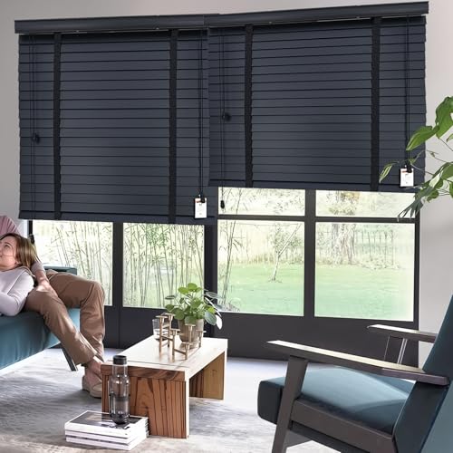 Genérico Persiana Veneciana de Madera Persianas Horizontales para Ventanas/Puertas/Balcones Estores Privacidad W 40 60 80 100 120 160cm Cortinas con Lamas 50mm(Negro)