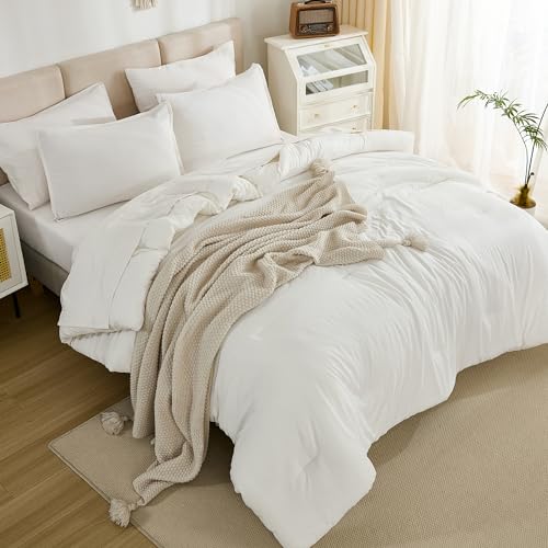 Litanika Full Size Comforter Set Ivory - 7 Pieces Bed in a Bag Full Bedding Comforter Sets, Solid Lightweight Bed Set with Comforter, Sheets, Pillowcases & Shams