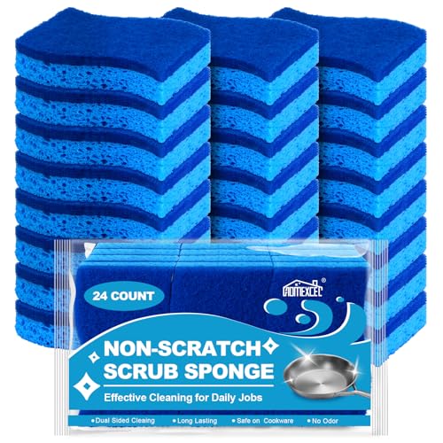 HOMEXCEL Sponges Kitchen 24pcs Non-Scratch for Dishes Blue Scrub Cleaning Sponge for Non-Coated Cookware Dishes Pots Pans Dual Sided Dish Sponge for Kitchen Household Bathroom