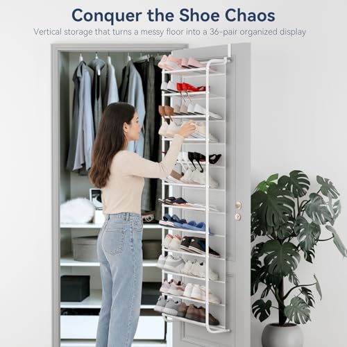 Image of Whitmor 36 Pair Over The Door Shoe Organizer, 12 Tier Hanging Shoe Organizer, Heavy Duty Metal & Mesh Shoe Holder, Hanging Shoe Rack for Closet Organizer & Storage, 74 inchL x 21.7 inchW x 7.5 inchH, Matt White