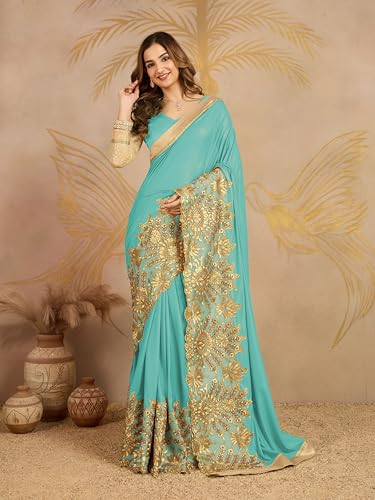 Image of TRENDMALLS Women's Lycra Embroidery With Stone Work Saree with Unstitched Blouse