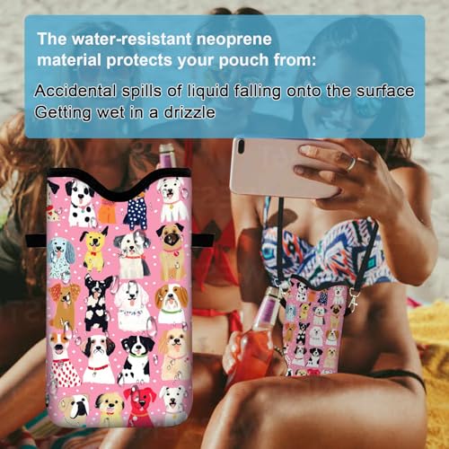Image of Neoprene Cell Phone Sleeve Pouch Case Bag with Crossbody Strap Neck Lanyard for Women 7.1 X 3.9 in Pink Dog