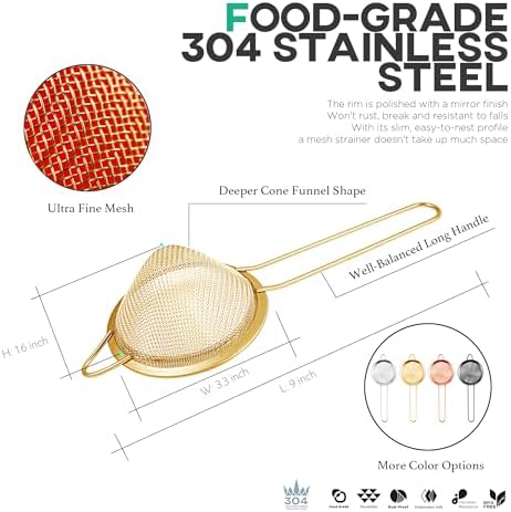 Homestia Fine Mesh Strainer for Kitchen, 304 Stainless Steel Sieve Sifters Cocktail Strainer for Food, Tea, Oil, Noodles, Coffee, Juice, Flour, Fruits, Vegetables - Easy to Clean Drink Strainer (Gold) - Thumbnail 4