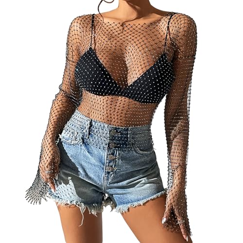 Women Sexy Mesh Tops Long Sleeves Glitter Tank Top Dress Rhinestone Fishnet Club Dress See Through Shirt Crop Top Lingerie Smock Mini Skirt Nightgown for Party Outfits Valentine (Style C One Size)