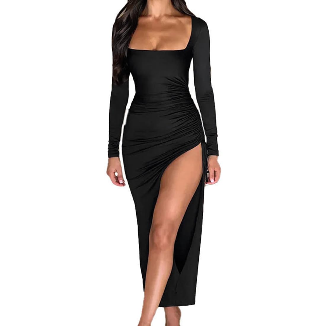 Gkaopi Women's Black Sexy Maxi Dress Long Sleeve Square Neck High Slit Long Dress Ruched Bodycon Pencil Cocktail Dresses Elegant Wrap Drawstring Slit Dresses For Party Club Autumn