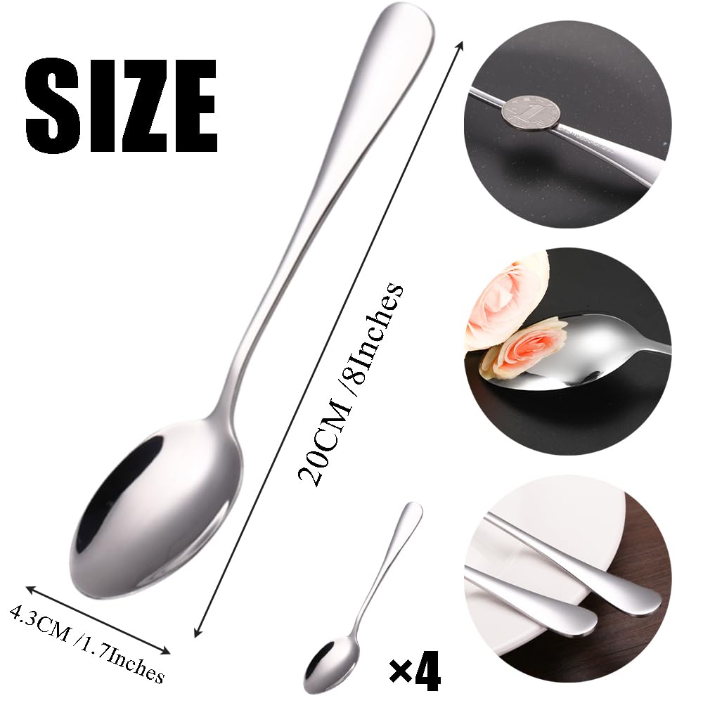 Ouliget Esslöffel-Set aus Edelstahl, langer Griff, Suppenlöffel-Set, asiatische chinesische Suppenlöffel, Edelstahl, dicke, schwere Löffel, Besteck, 4 Stück, Silber