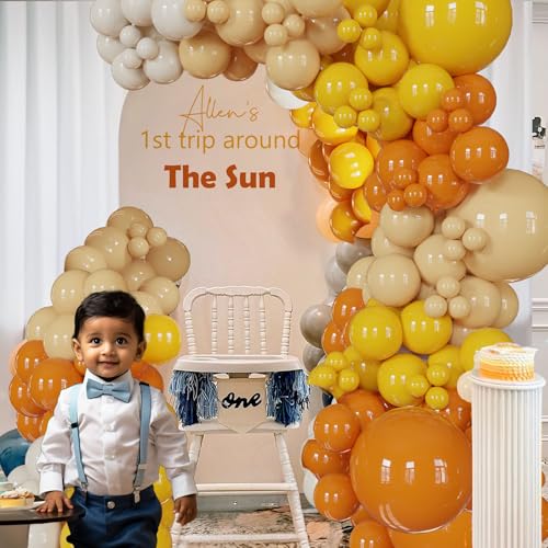 Image of Here Comes The Sun Balloon Arch Kit 136 Pcs Retro Burnt Orange, Mustard Yellow, Nude, Sand White Balloon Garland For Groovy Boho Baby Showers, Sunshine First Birthday Party, Sunset，Fall Celebrations