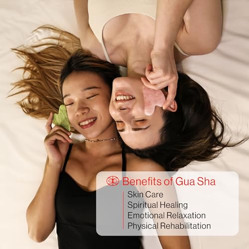 Rena Chris Rose Quartz and Xiuyan Jade Gua Sha Set, Natural Jade Gua Sha Facial Tools for SPA Acupuncture, Gua Sha Stone for Body Face Neck and Eye, Daily Skin Care Tools - Thumbnail 5