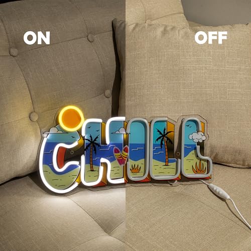 Image of Beach Neon Sign Uv Print - Summer Room Decor, Beach Wall Art Neon Lights For Wall Decor, Bar Neon Sign, Neon Light Coastal Wall Decoration (16.5x8.7 Inches) Adjustable Brightness LED Sign For Man Cave