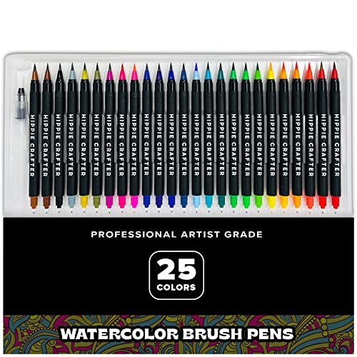 hippie crafter 25 pack watercolor brush pens, artist brush tip painting set, gift for adults and artists