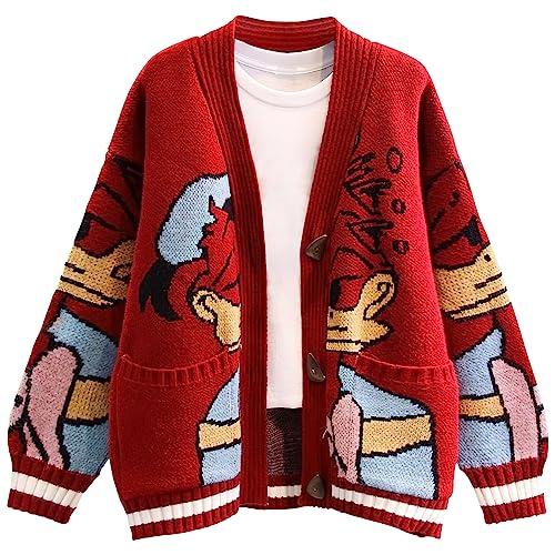 Womens Cute Embroidery Cartoon Duck Cable Knit Cardigans Sweater Button Down Slouchy Wool Blend Coat