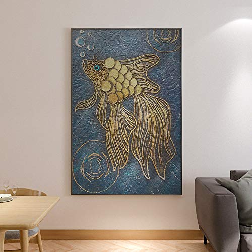 Peinture à l'huile feuille d'or tableau poisson rouge fait main