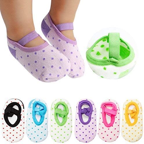 Cubaco 6 Pairs Baby Socks Non Skid Anti Slip Slipper Cotton Socks with Grips and Straps for Baby Toddler Girls