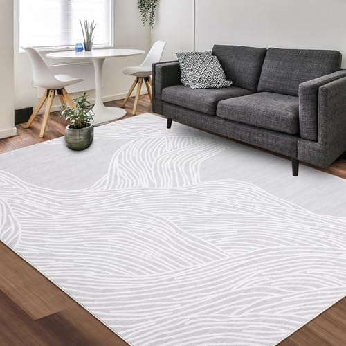 GarveeHome Washable Rug 5x7 Modern Abstract Area Rugs for Living Room Soft Faux Wool Bedroom Rug Non Slip Backing Indoor Carpet Low Pile Non-Shedding Rugs for Dining Room Nursery Office Grey/White