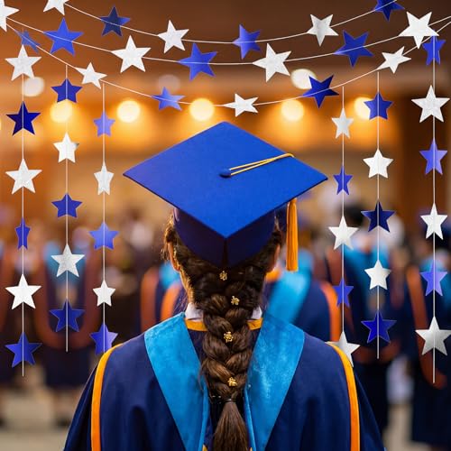 Image of Spakon 65 Feet Glitter Star Shaped Paper Garland Banner Hanging Decoration Star Streamer Double Side 2026 Graduation Decorations for Wedding Birthday New Year Party Decoration(Silver and Blue)