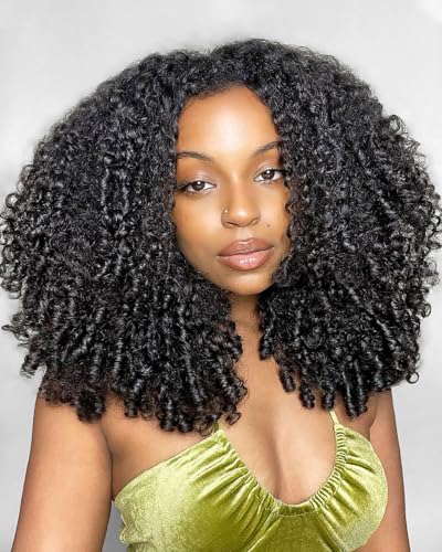 FACMOOD Burmese Curly Half Wig Human Hair 200% Density Put on and Go Glueless Wigs with Drawstring 3 In 1 Flip Over Headband Wig for Women Beginner Friendly 20 inch