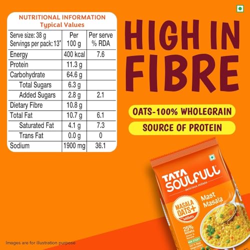 Image of Tata Soulfull Masala Oats+ With Millets, Mast Masala, 500g, Real Vegetables, 25% Millets, Non Sticky, Evening Snack, Healthy Snack (Pack of 2)