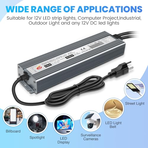 Image of LED Driver 300W Waterproof Power Supply IP67 Transformer, Adapter Converter AC 100V-265V AC to 12V DC 25A Low Voltage Output with 3-Prong Plug for LED Light, Computer Project, Outdoor Use