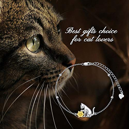AOBOCO 925 Sterling Silver Cute Cat Kitty Bracelet Adjustable Link Chain, Cat Jewelry Gifts for Cat Lovers 7-9 inches2