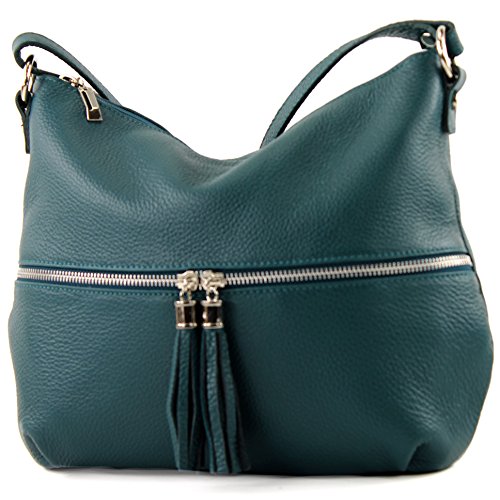 modamoda de T159 Damen Leder Umhängetasche Schultertasche Medium handmade in Italy, Farbe:Petrolgrün2021