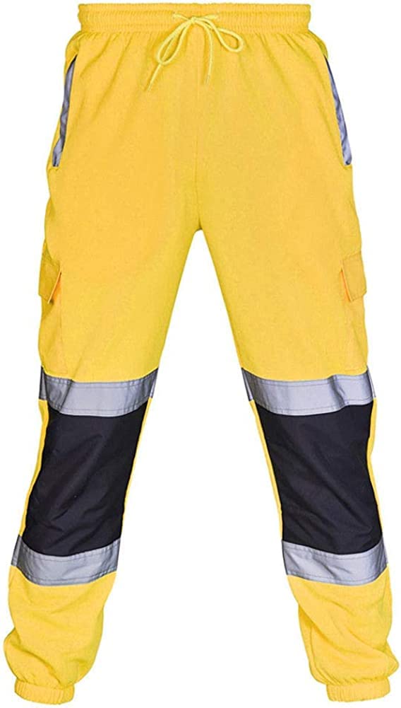 HUAZONG Pantalon de jogging haute visibilité haute visibilité avec bande réfléchissante à rayures bicolores imperméable et épais, jaune, L