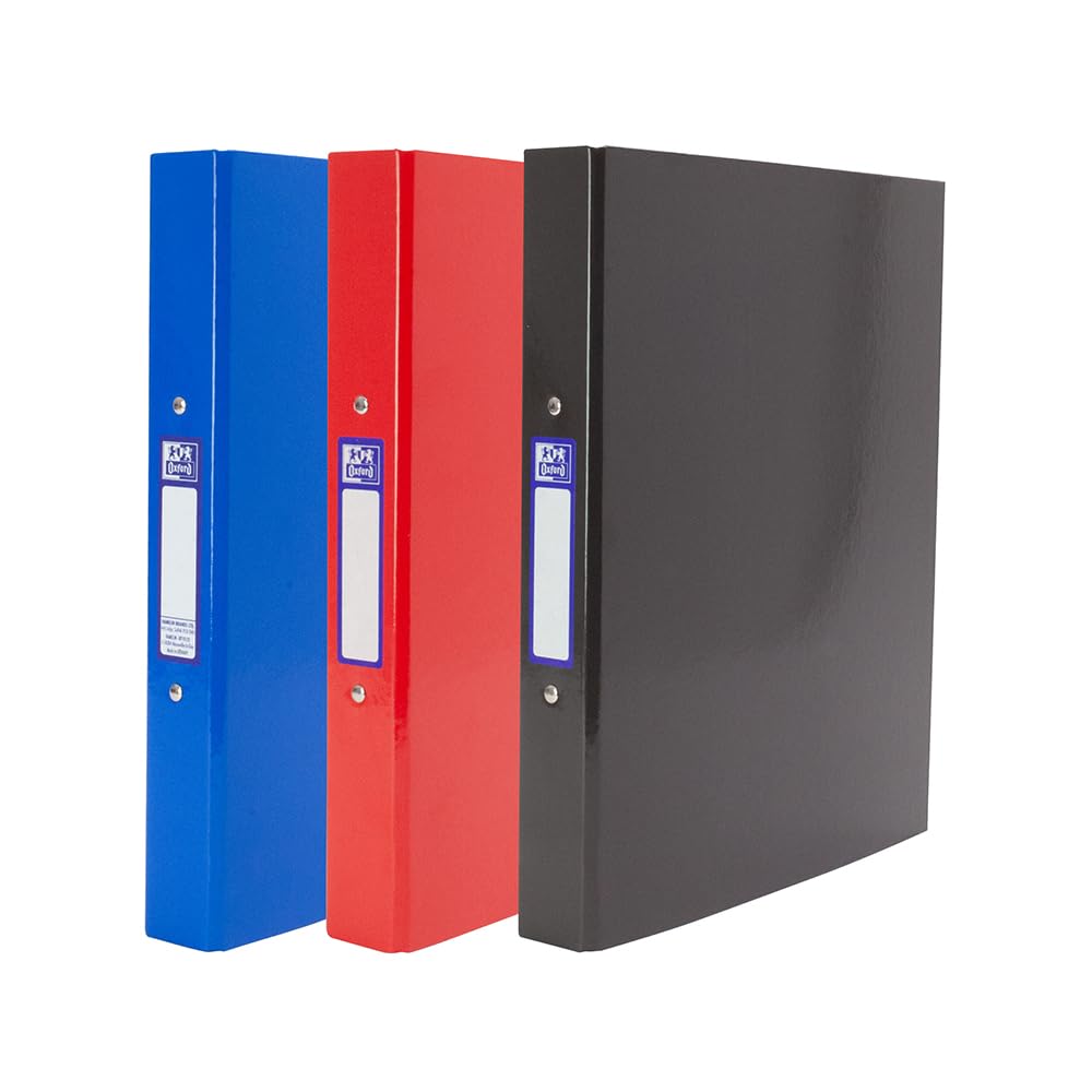 Oxford A4 Ring Binders, 3 Pack of Glossy Red, Black & Blue Folders, Laminated Paper-on-Board, 40 mm Spine