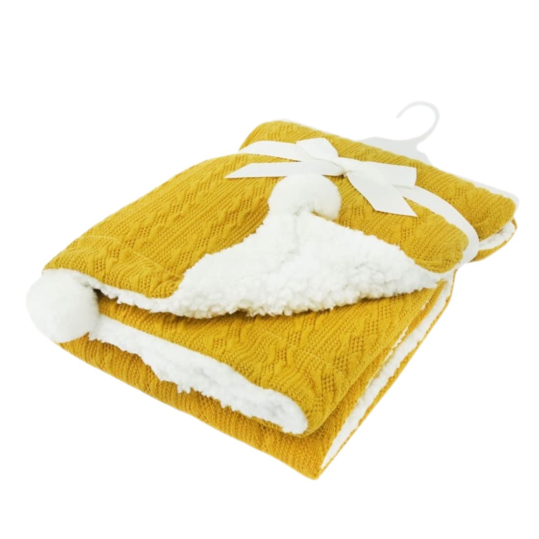 Gum & Berries Baby Wrap Cable Knit Pom Pom Soft Sherpa Back Pram Blanket Soft Touch Mustard 75 cm x 90 cm